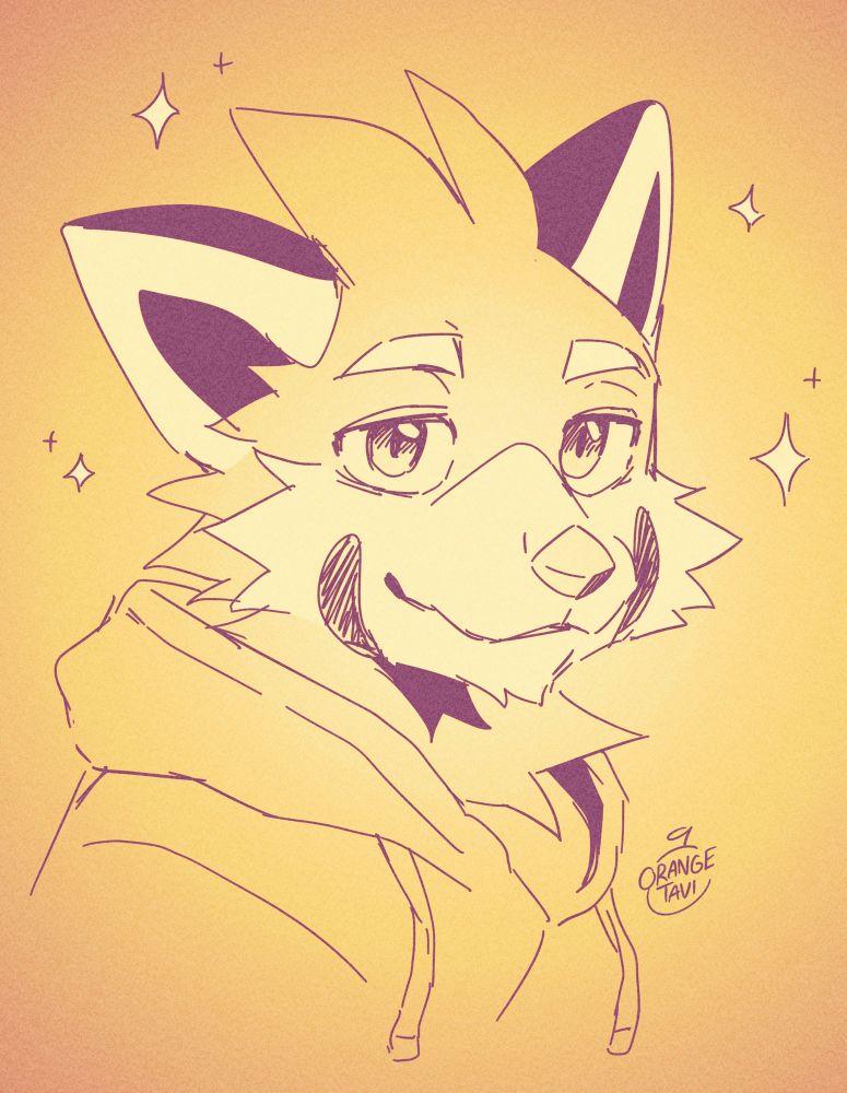 Drawing of my fursona, Tavi, looking at the viewer. He’s wearing a hoodie and there’s sparkles around him to emphasize his handsomeness. Tavi Doodles
