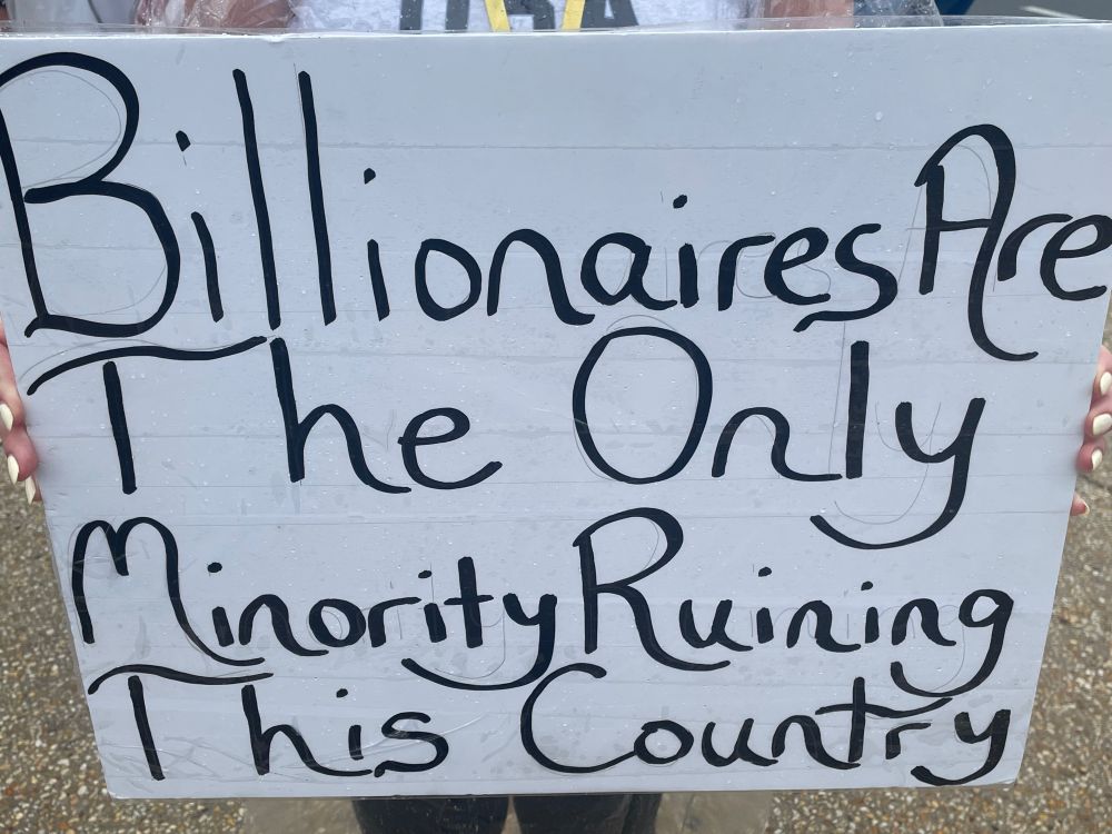 Handmade sign at the No Kings protest in Philadelphia. It says "Billionaires Are The Only Minority Ruining This Country"