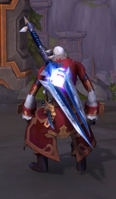 A back view of a Forsaken character from World of Warcraft, dressed a fancy red coat, [Thunderfury, Blessed Blade of the Windseeker] on his back.