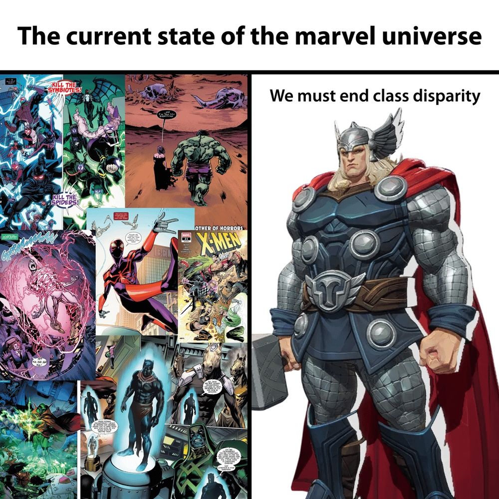 A meme reading:
“The current state of the marvel universe”

The meme is split into two halves.
On the left are images from recent marvel comic books.
On the right is an image of Thor as he appears in Marvel Rivals. Above Thor is text reading, “We must end class disparity”.