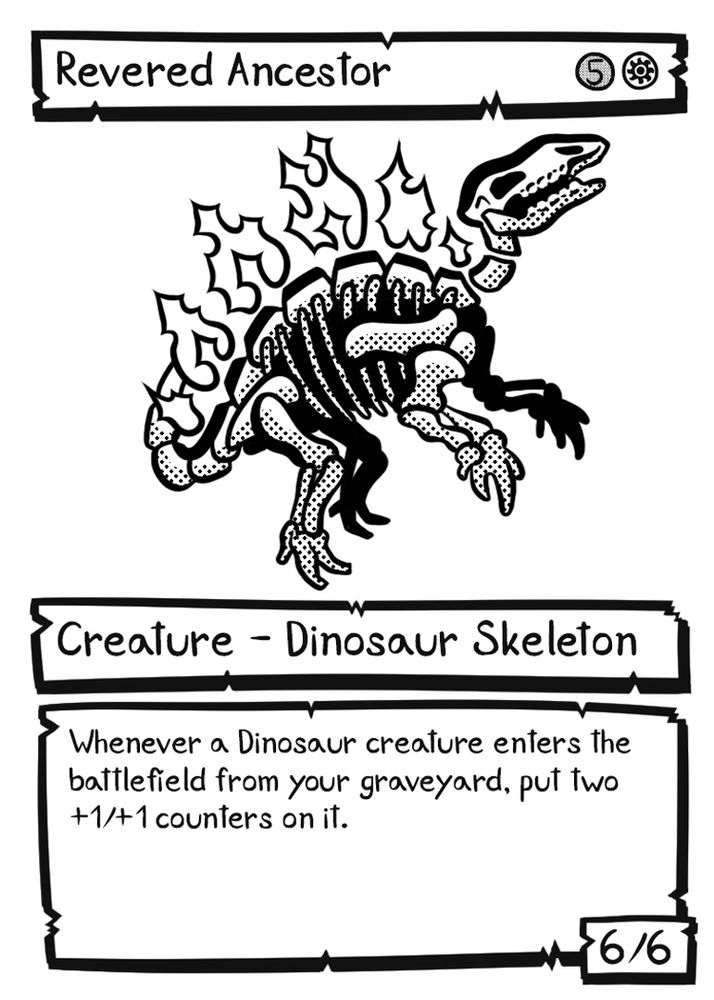 A custom Magic card called Revered Ancestor. It's a creature card, more specifically, a dinosaur skeleton. It depicts a Stegosaurus skeleton, but its back plates are wisps of flames or sparkling stars.