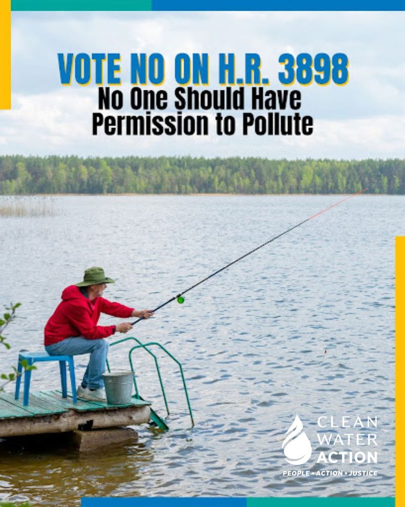 Fisherman and body of water with text that says No One Should Have Permission to Pollute