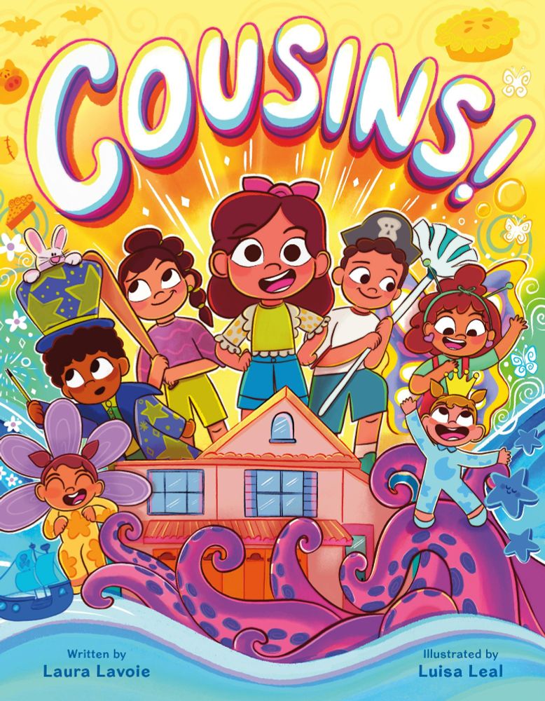 A picture book cover, illustrated in a bright, colorful style. The title is Cousins!, written by Laura Lavoie, illustrated by Luisa Leal.