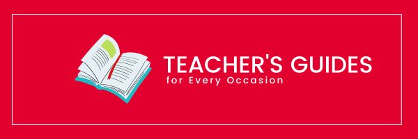 A red image with a white border. In the center of the image is an illustration of an open book and the words: Teacher's Guides for every occasion