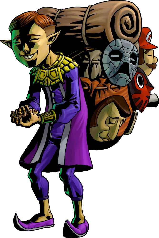 The happy mask salesman.
He looks so shifty as he offers to sell his wears. His masks overflow from his bag and he wrings his hands.