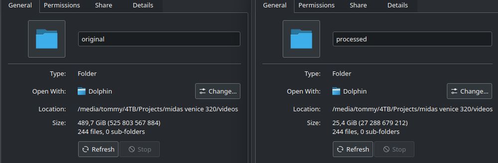 showing the properties of two folders, one titled "original" and the other "processed". the original folder is 489.7GiB in size, the processed one is a mere 25.4GiB