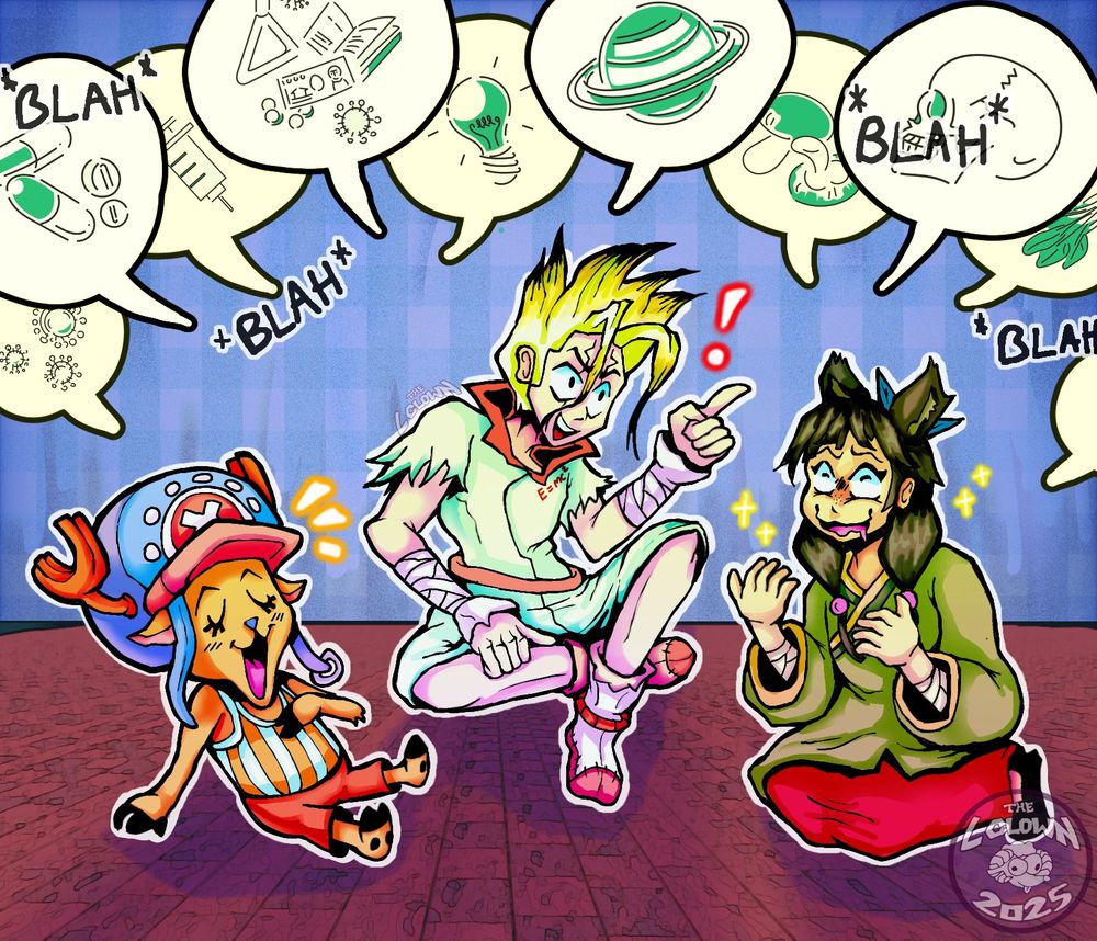 Fan art piece of Tony Tony chopper, Senku Ishigami and Maomao being nerds together, one piece, Dr Stone, Apothecary diaries anime, made with ibis paint x , commissions open 