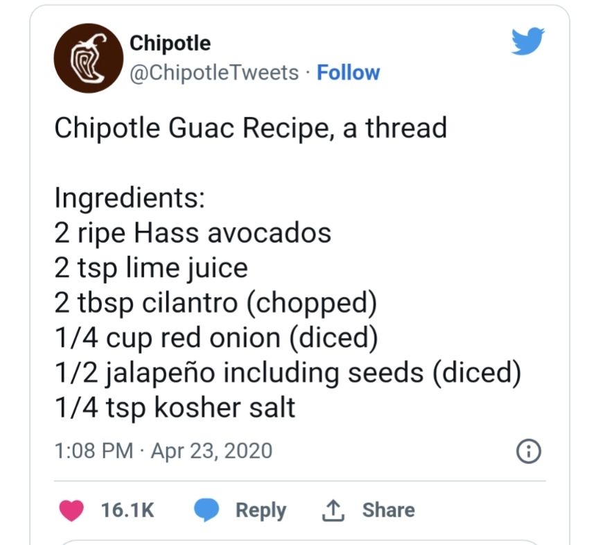 Recipe for guacamole, screen captured from Chipotle's official Twitter account 