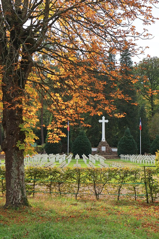 Cemetery for Romanian prisoners, overall view of many graves, large central cross. trees in autumn colours