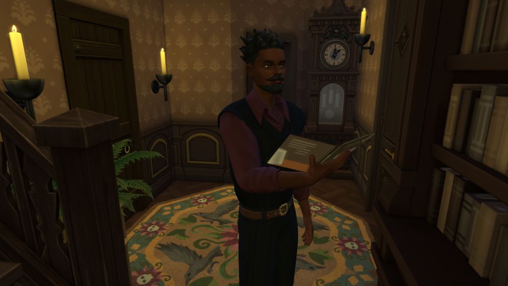 My sim, Mordecai Lilith, in the entry way to his house in Ravenwood.