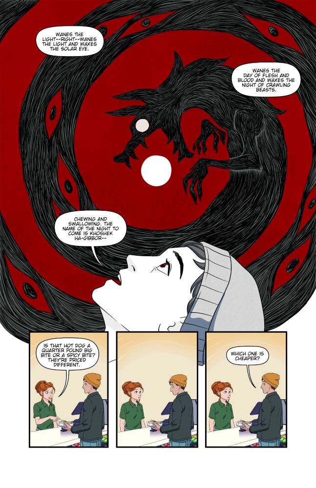 Page 2 of the comic where the conversation turns to otherworldly beings and the price of hot dogs. 
