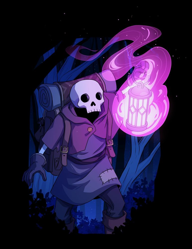 A skeleton adventurer walking through a dark forest, holding aloft a glowing pink lantern.
