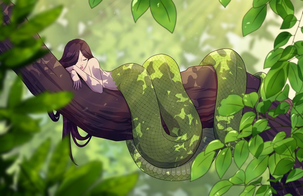 An illustration of a half-snake girl sleeping on a tree branch. Sunlight is filtering through the green leaves around her. 