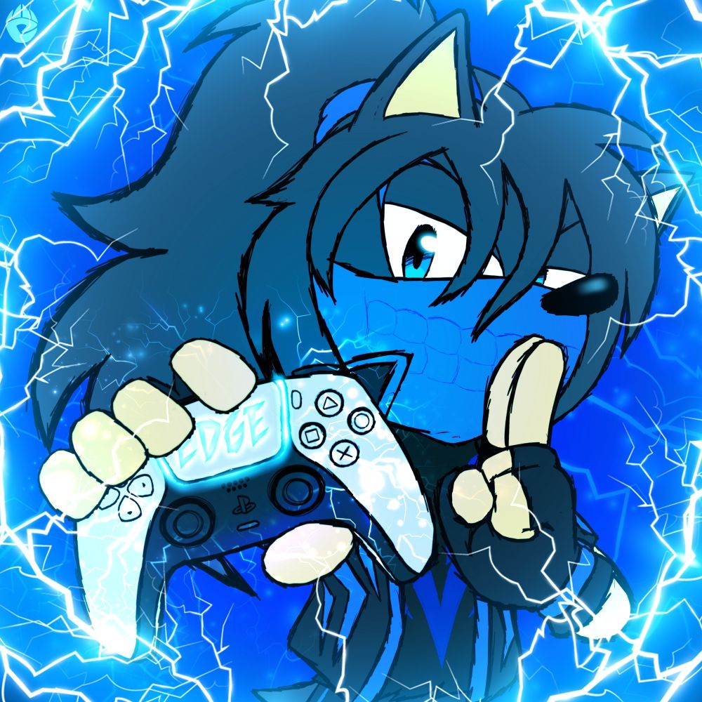 A profile pic for Edge, featuring their Sonic OC of the same name. He's shown holding a PS5 controller toward the viewer, with the name 'EDGE' embedded with energy on the touch pad, all whilst being surrounded by electricity.