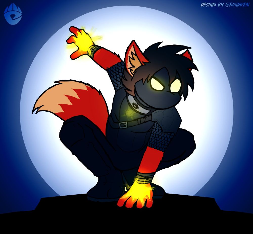 Lezz (fox) in a custom ninja outfit, his amulet and hand markings surging with energy. He's perched on a cliffslide, with the moon placed behind him.