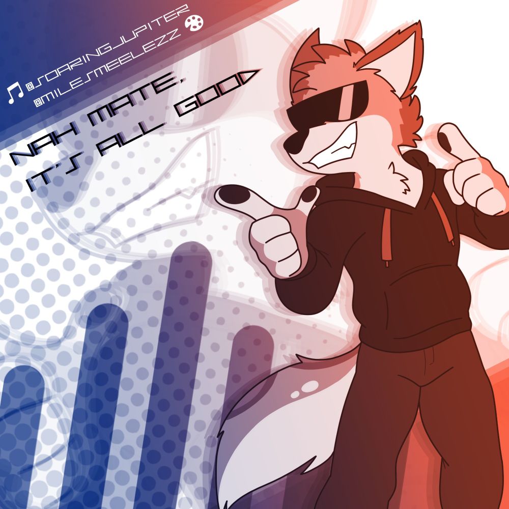 An album cover for soaringjupiter's 'Nah Mate, It's All Good", featuring their sona on the right, rocking sunglasses and doing fingergun gestures.