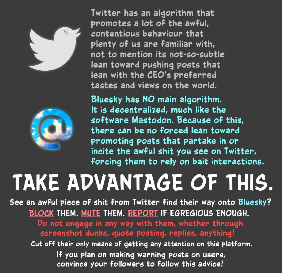 An info-board summarising the difference between Twitter/X and Bluesky, and the potential advantages that come with the latter.