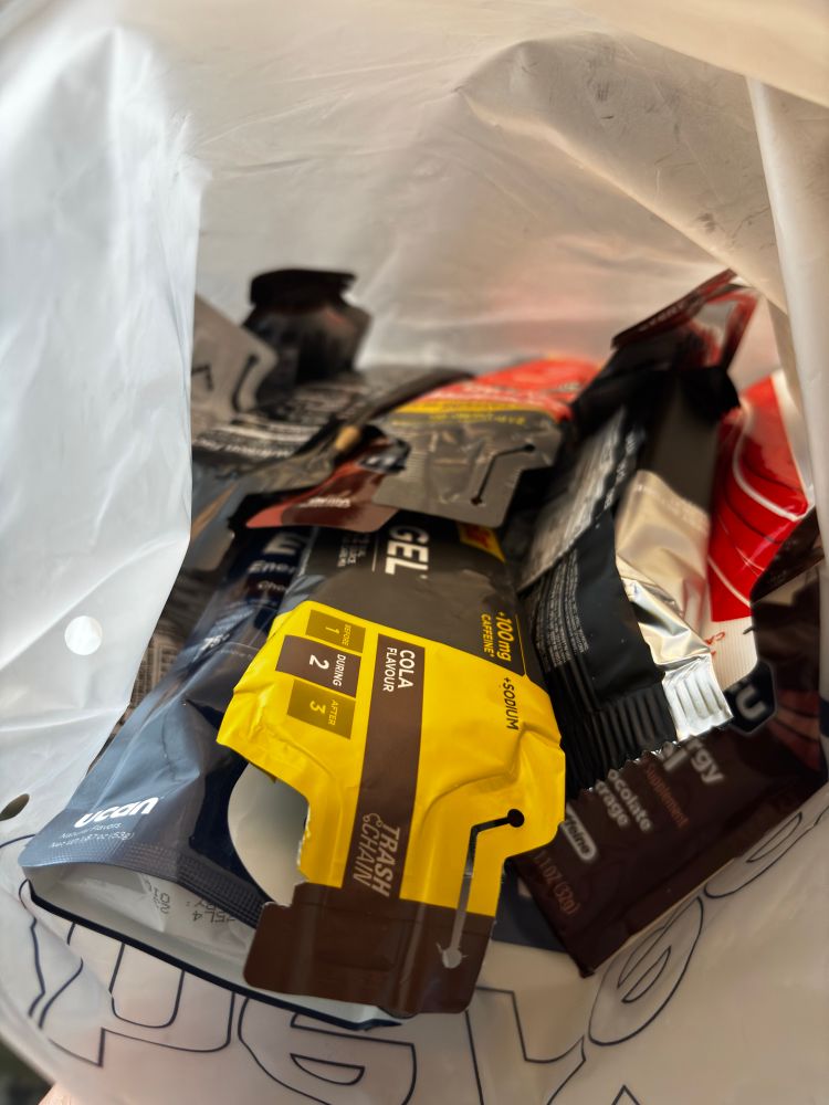 Bag full of caffeinated energy gels consumed by runners and cyclists