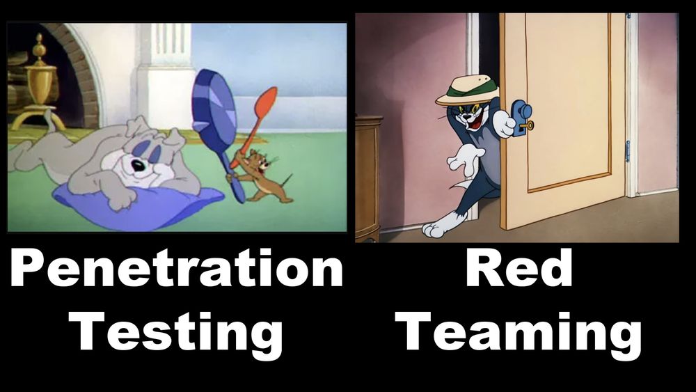 A meme style image, black background with white text. On the left is a cartoon still showing Jerry the mouse holding a frying pan and spoon, ready to bang it over the head of the sleeping dog. Underneath it the words say "Penetration Testing." On the right half is another cartoon still of Tom the cat wearing a pith helmet sneaking in through a partially opened door. Underneath the words read, "Red Teaming."