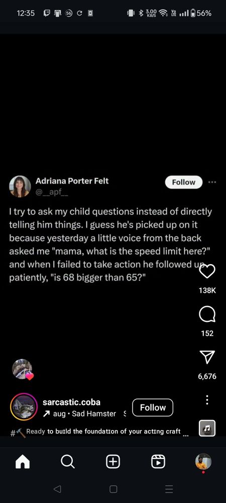 A tweet by Adriana Porter Felt describing how she asks questions of her child instead of telling them things and how they've turned that back on her when she ignored the speed limit by first asking her about it and then asking if her current speed is higher than observed speed limit.