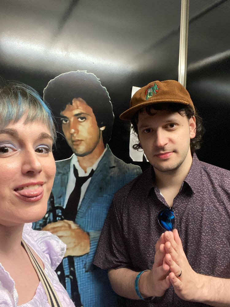 Michi, Billy Joel cutout and Diglo in the elevator at the Long Island Music Entertainment Hall of Fame 