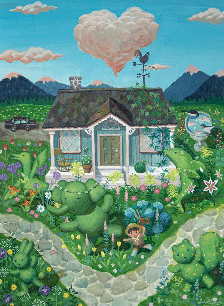 In a blissful garden with topiaries in the shape of large animals, its gardener, a little boy, strikes a pose. Behind him is a ivy covered cottage, a mountain backdrop, and a heart shaped cloud.