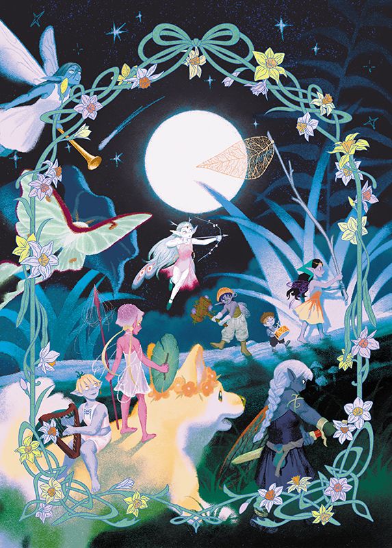 A band of Irish faeries ride into the moonlight, prepared for battle.