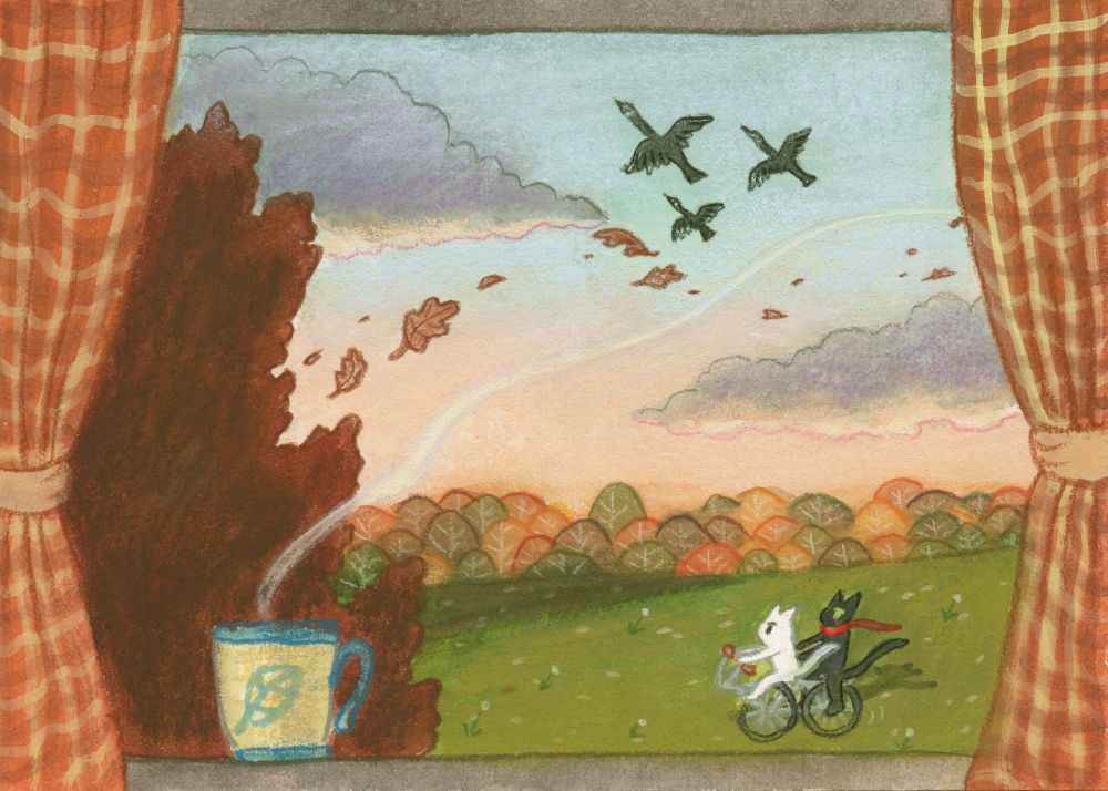 two cats riding down on a grassy field, with geese flying in the sky and colourful autumn treetops behind them in a valley. they are framed by a window with cozy tartan drapes and a steaming cup of tea on the windowsill.