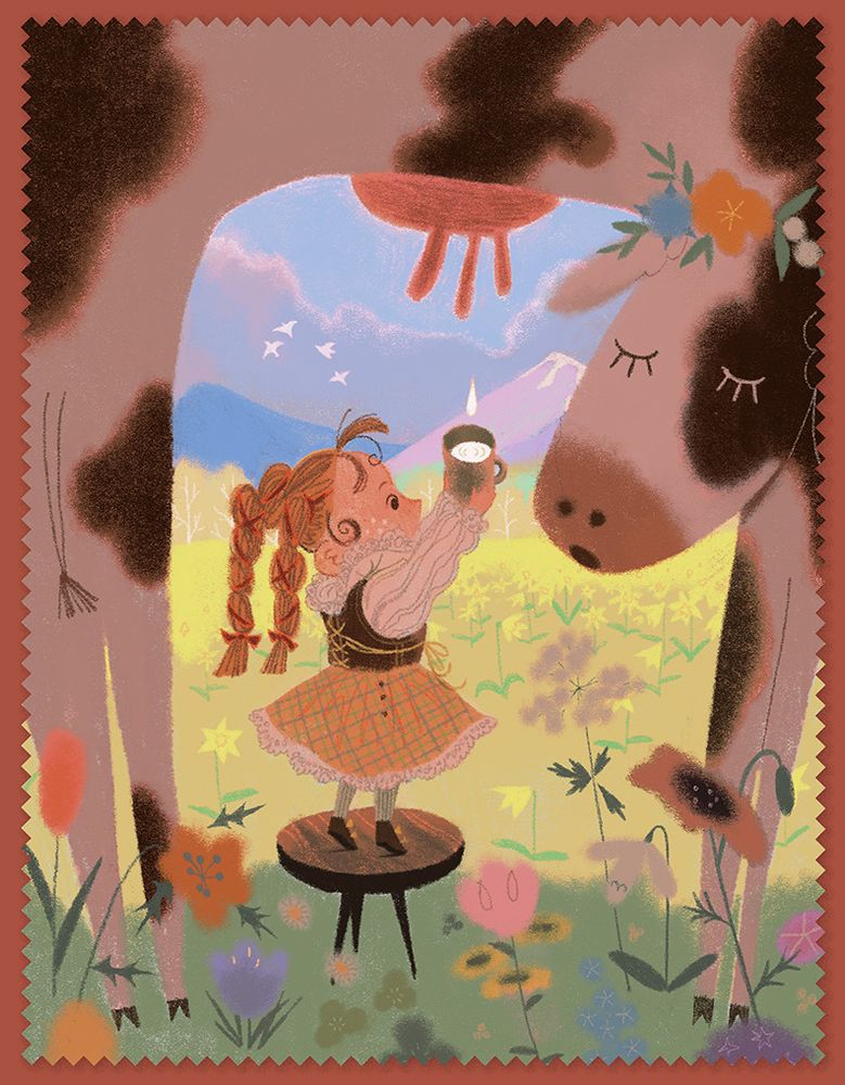 A little girl stands in the middle of a flower field in the mountains, holding out a cup for a single drop of milk from a huge cow.