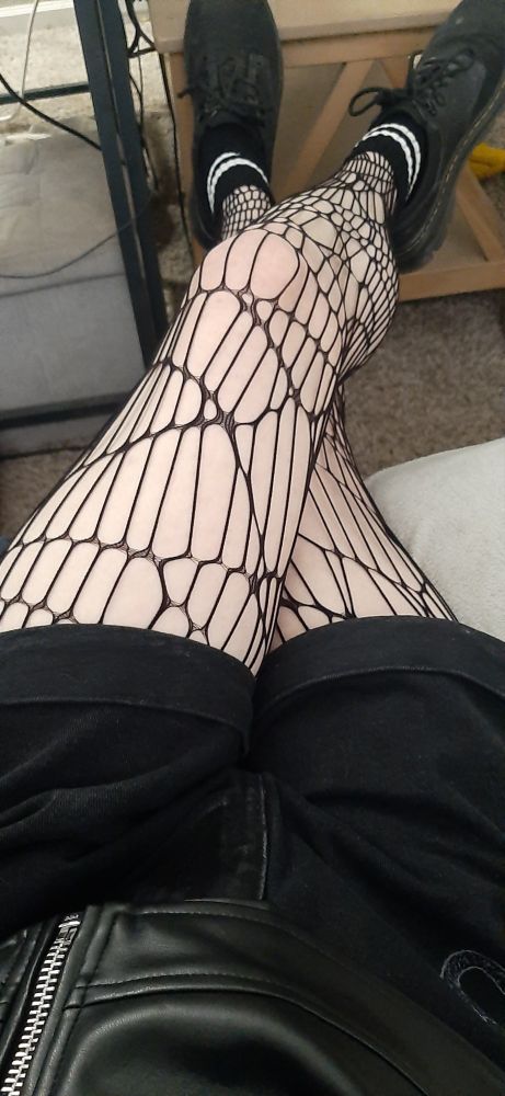 Cute denim shorts and spider web tights