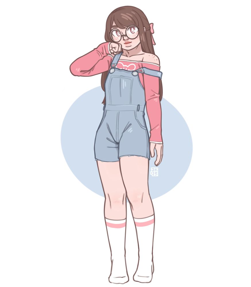 An illustration of an effeminate boy standing idly. He has pale, freckled skin, long straight brown hair tied back with a pink ribbon, and dull pink eyes. He wears a pair of glasses with black circular frames, a set of faded blue overalls, with the legs cut off at the upper thigh, over a long-sleeved pink shirt with white trim and a decal of a cartoon mouse, and a pair of white knee-high socks each with a pink stripe near the top. His expression is a slight smile, and he stands in a relaxed position with his left arm at his side, and his right arm raised to his cheek.