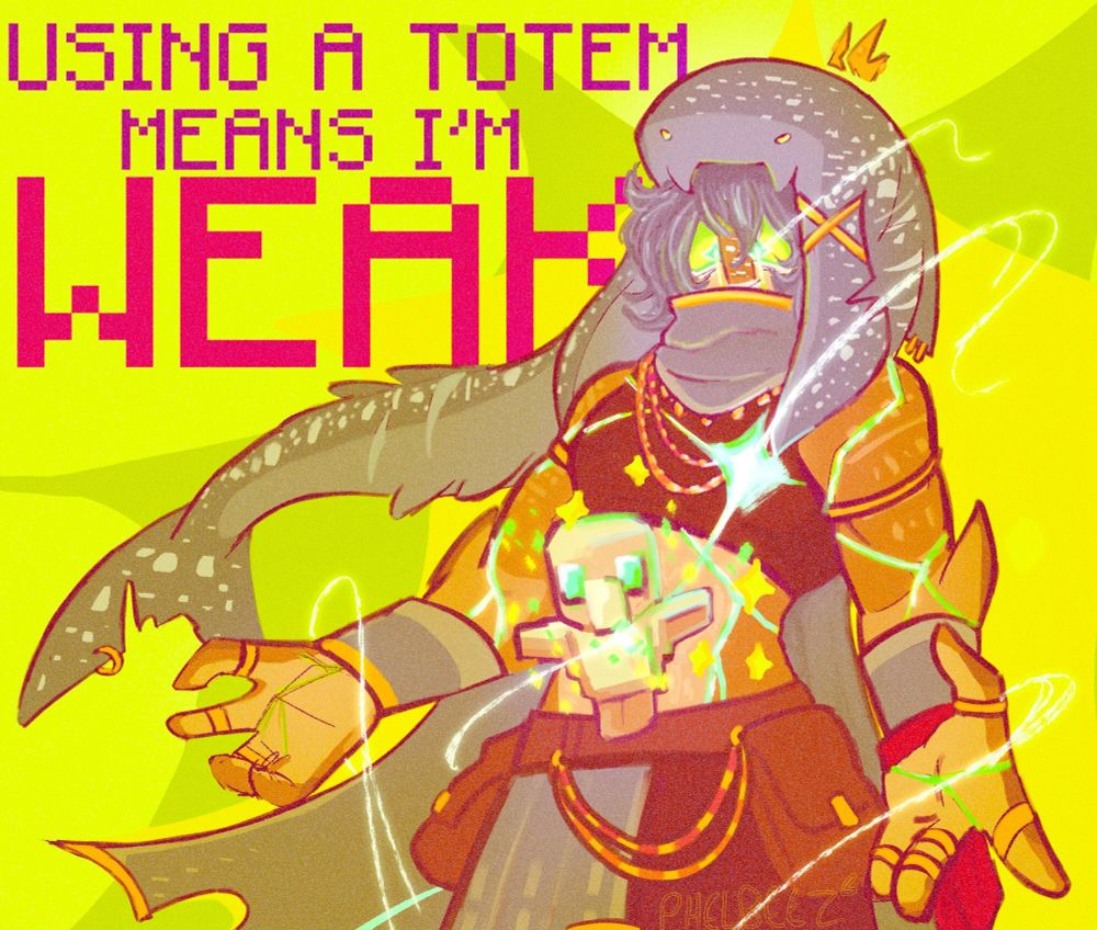 Foolish's character from the QSMP using a totem with the text "Using a totem means I'm weak" in the background.