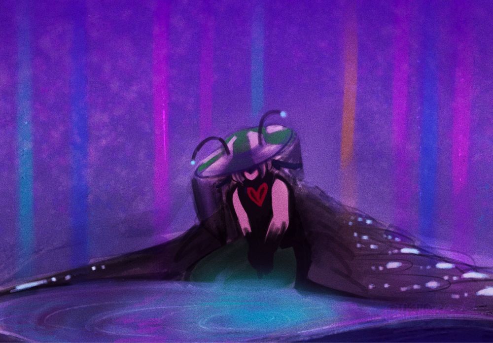 Ph1lza's QSMP character sitting on a pool of water which glows and ripples in the center. Glowing beacons from his Endlantis hardcore build in the background.