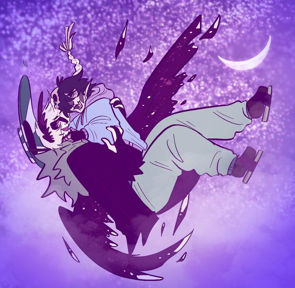 Ph1lza and MissaSinfonia's QSMP characters "falling with style" in a cloudy purple night sky