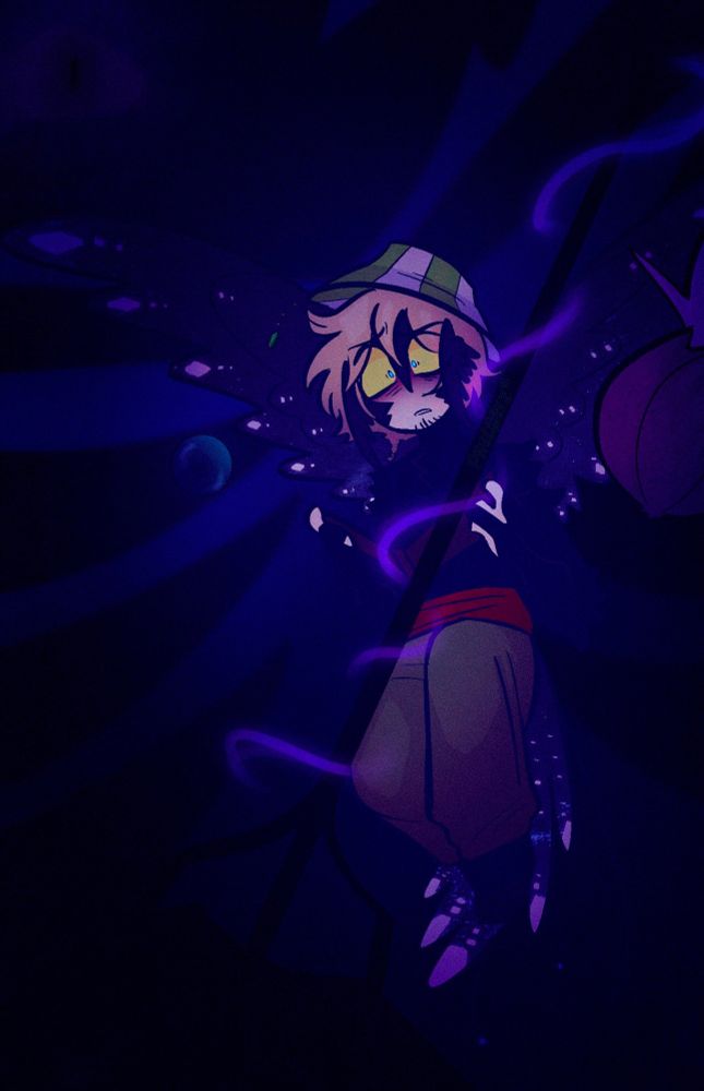 Ph1lza's character from the QSMP reading a book underwater with the Ender King's skeleton looming behind him and a trident in the foreground.
