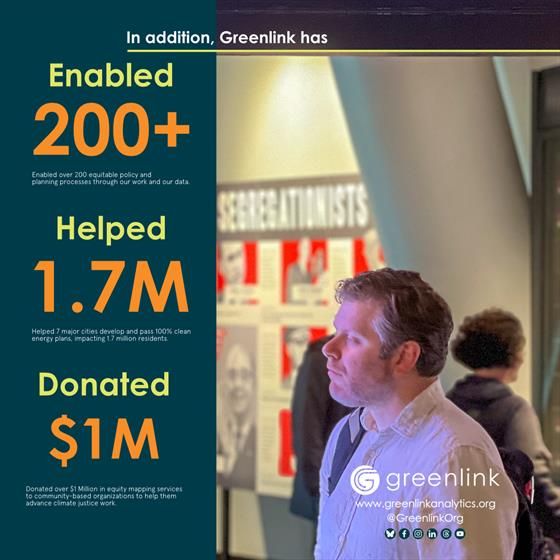 The image is divided into two sections. The left part contains text on a solid teal background. It highlights three key achievements of Greenlink, with each statement in a bold and colorful font. "Enabled 200+" is in large yellow text, "Helped 1.7M" in coral orange, and "Donated $1M" in yellow, each accompanied by descriptive text. The right section shows a person standing in profile inside a dimly lit room with displays on the wall, suggesting a museum or exhibition setting. The person is wearing a light-colored shirt and has a backpack. At the bottom, Greenlink’s logo and contact information are displayed in white text.