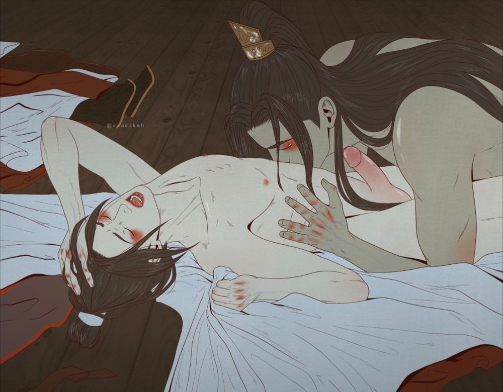 Nie mingjue and Meng yao having victory sex immediately after the war have ended, Wen Ruohan's corpse still laying next to them.