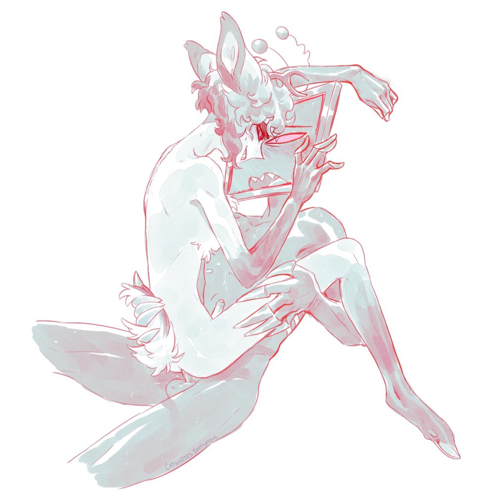 Alastor and Vox from the cartoon Hazbin Hotel engaged in anal sex. Both are fully nude, and Alastor sits in his lap facing him while cradling his face. Vox's expression is weary and desperate as he grabs at Alastor's thigh and tail. 