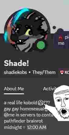 My discord bio, though now featuring the symbol for therians, and a soyjack pointing to it