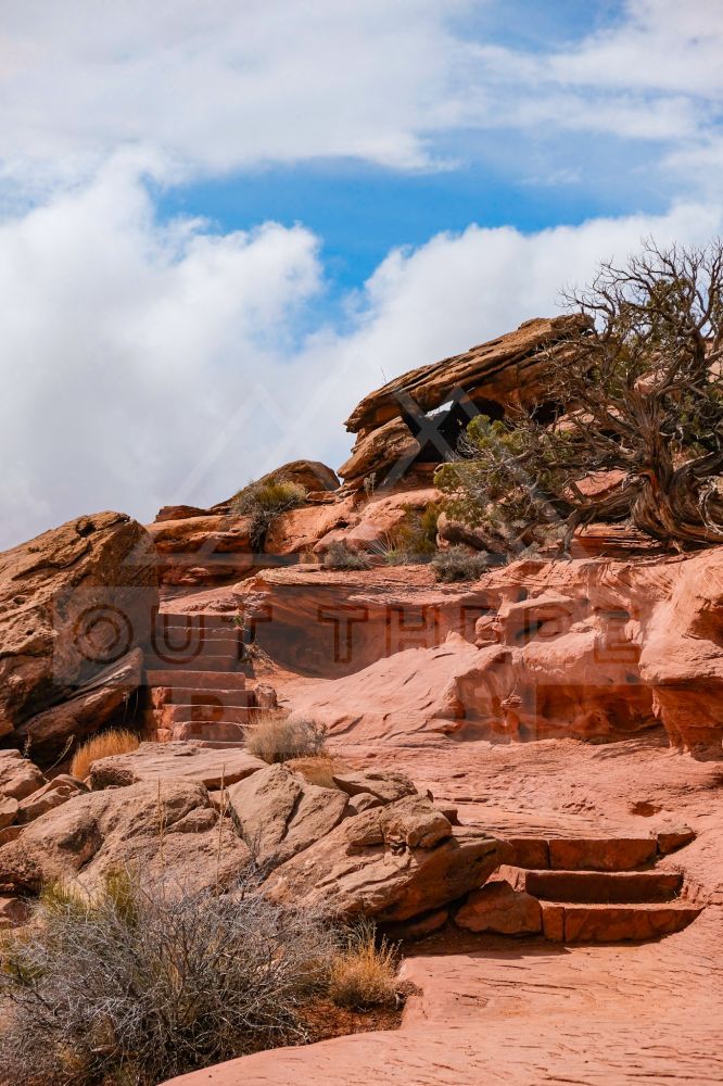 A staircase carved into red sandstone 