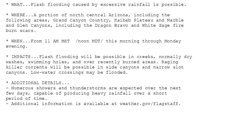 * WHAT...Flash flooding caused by excessive rainfall is possible.

* WHERE...A portion of north central Arizona, including the
following areas, Grand Canyon Country, Kaibab Plateau and Marble
and Glen Canyons, including the Dragon Bravo and White Sage fire
burn scars.

* WHEN...From 11 AM MST  /noon MDT/ this morning through Monday
evening.

* IMPACTS...Flash flooding will be possible in creeks, normally dry
washes, swimming holes, and over recently burned areas. Raging
killer currents will be possible in side canyons and narrow slot
canyons. Low-water crossings may be flooded.

* ADDITIONAL DETAILS...
- Numerous showers and thunderstorms are expected over the next
few days, capable of producing heavy rainfall over a short
period of time.
- Additional information is available at weather.gov/flagstaff.
