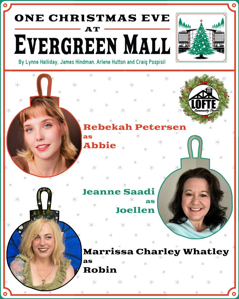 The background is white with snowflakes. In the shape of ornaments are images of Rebekah, Jeanne, and Marrissa.