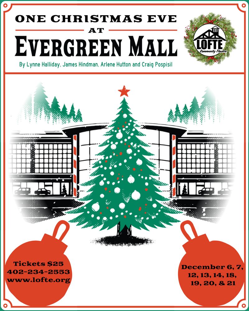 The text matches the information from the post and more details including Tickets are $25. There is a picture of a large evergreen tree with ornaments in front of a mall.