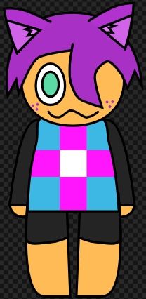 Vector art of a tan, purple-haired catgirl with one teal eye and one eye covered by a bit of hair, she also has freckles that are the same color as her hair and is wearing a shirt with the transgender pride flag colors and dark gray sleeves as well as shorts that are the same color as her sleeves.