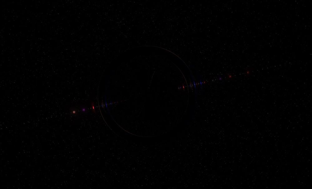 A screenshot of the black hole from the side, or edge, so that almost nothing is visible - only a very thin outline