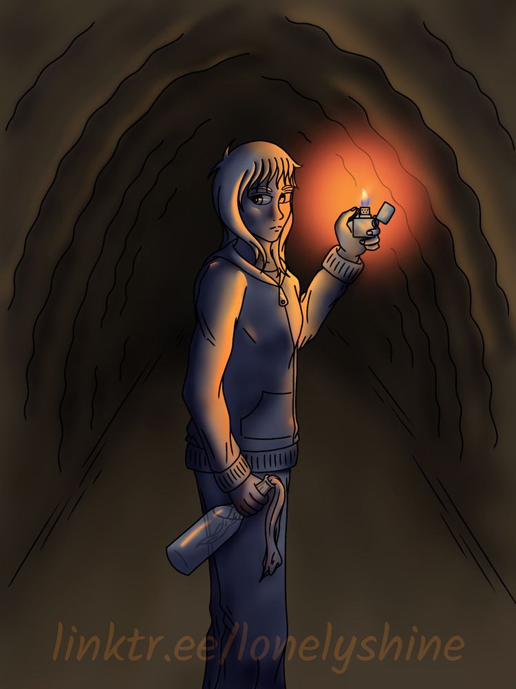 A digital drawing showing a girl from the knee-up, standing in a dark tunnel and holding a zippo lighter in one hand and a molotov cocktail in the other.

The girl has shoulder-long, straight hair, and is wearing a hoodie and sports pants. She's holding a lit zippo lighter in her left hand, which she has raised to her face; her right hand hangs by her side, and she's holding a molotov cocktail in it. The girl is standing in side view with her face turned to the viewer, and has an angry/determined expression. The light coming from the lighter reflects off of her and the cave walls, casting stark shadows.