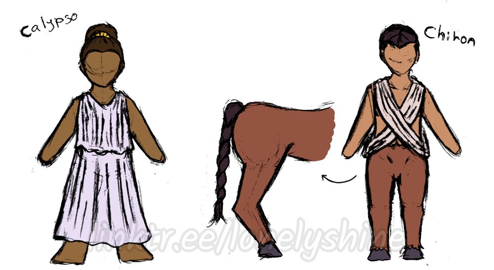 Two outfit concepts for Calypso and Chiron. 

Calypso wears a white tunic loosley based on a peplos and is barefoot.

Chiron wears an X shaped off-white top consisting of two diagonal bands that go from the shoulder to the opposite hip. A side view of their horse half shows that their tail is braided similarly to how their hair is.
