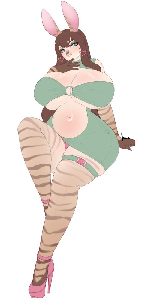 A rabbit girl with tiger stripes and long brown hair and large breasts, she's wearing a sexy green mini dress and pink heels and her pink panties are slightly visible. 