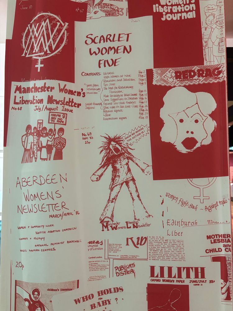 Banner in red & white showing a range of women’s liberation movement periodicals as part of the Say No exhibition. Titles include Lilith, Red Rag, Manchester Women’s Liberation Newsletter, Aberdeen Women’s Newsletter & Scarlet Women. 
