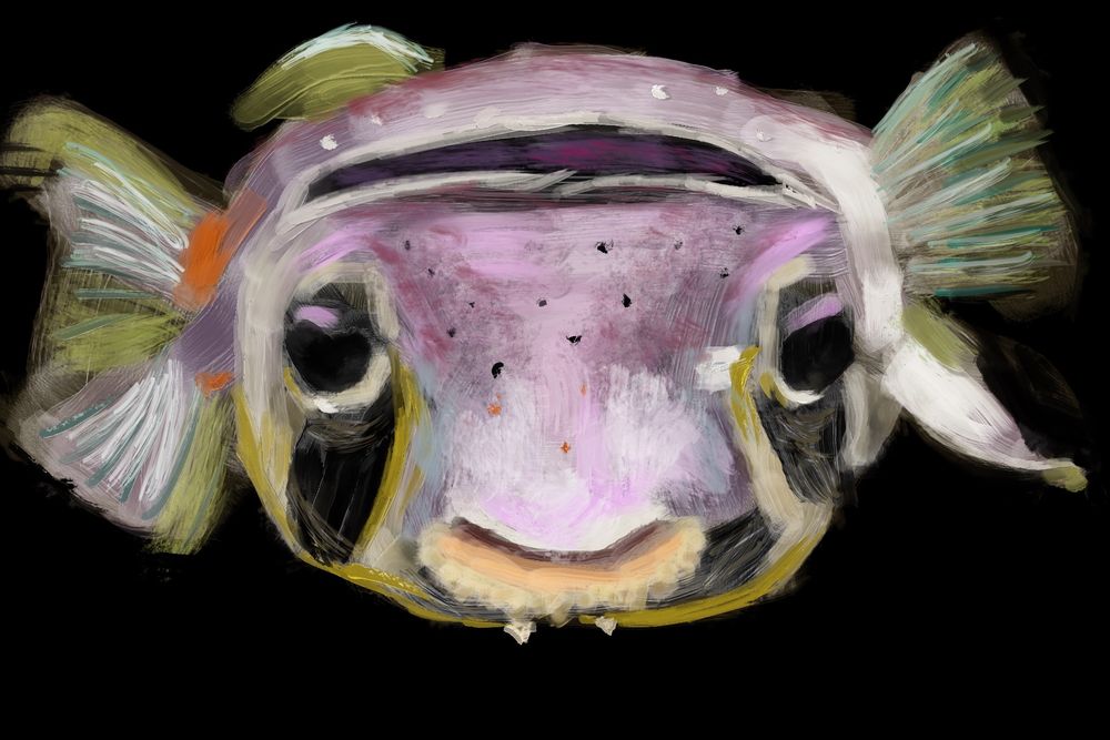 Digital painting of a pufferfish, with big soft eyes and a floopy smiling mouth.